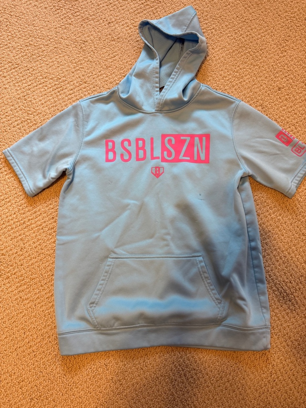 Light Blue Short-Sleeve Hooded Kids Sweatshirt with Pink Logo